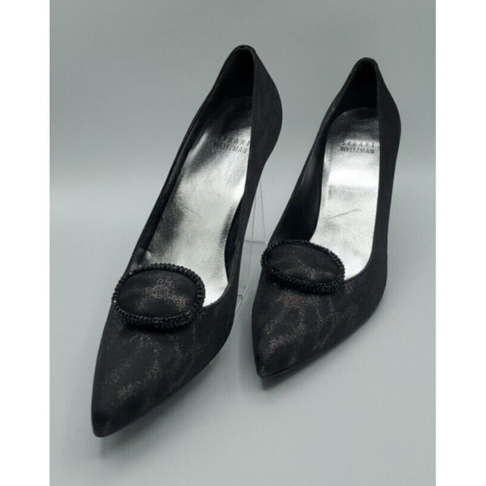 Stuart Weitzman Fabric Black Slight Animal Print Heels w/ Toe Deco Size 7M /37.5